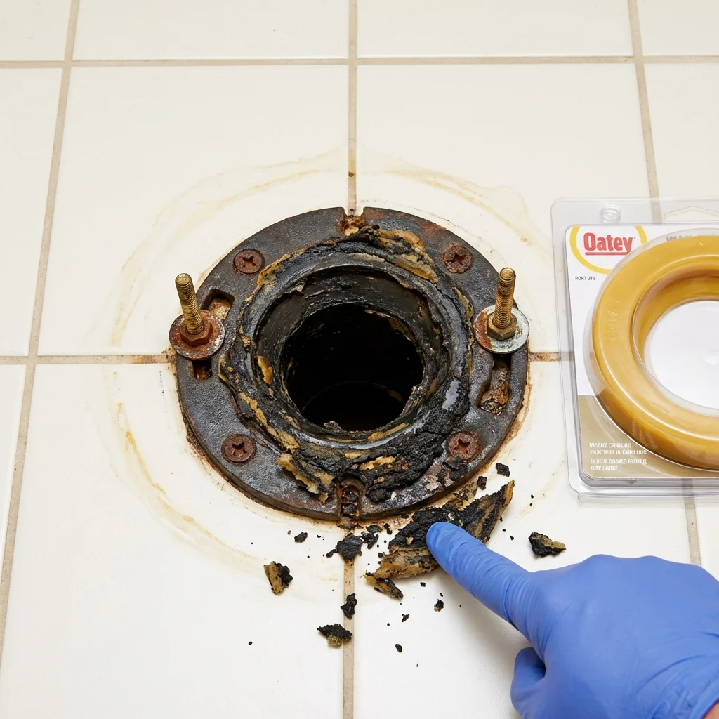 Failed wax ring showing water seepage at the base of a toilet in a Franklin, VA home