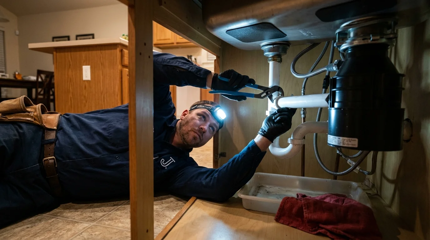 P-trap and supply line connections under a kitchen sink showing a common leak point in Franklin, VA